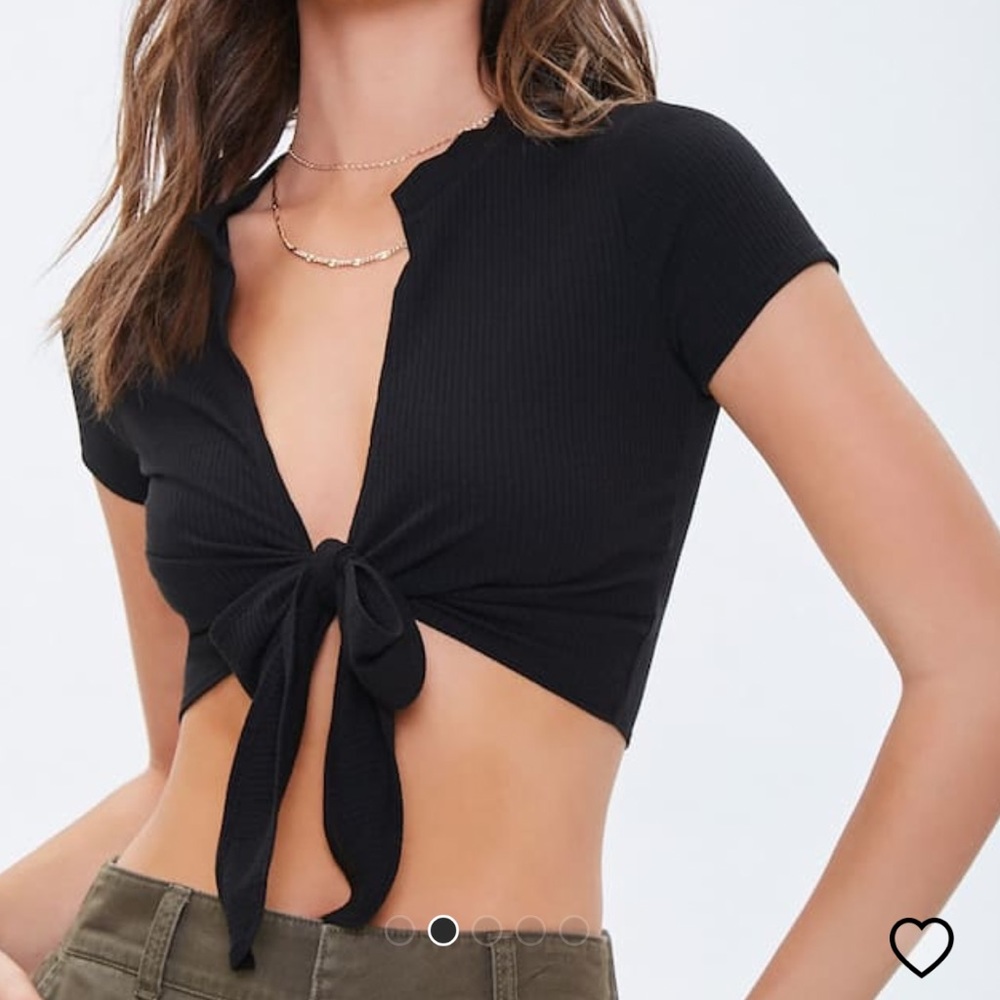Ribbed Tie Up Front Top -Black